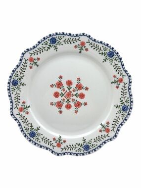 Set of 4 Cottage Floral Salad Plates Red Blue Flower 8.5" Ceramic Scalloped NWOT